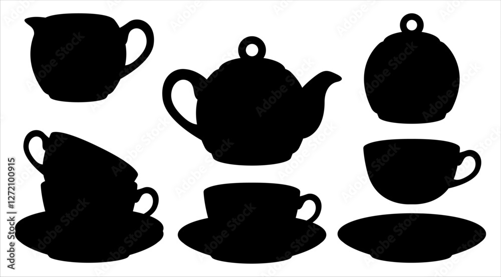 Black silhouette tea set. Teapot, milk jug, sugar bowl and cups and saucers. Black silhouette tea set. Teapot, milk jug, sugar bowl and cups and saucers.