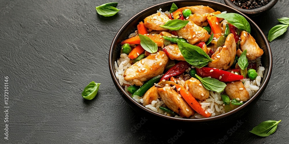 Delicious chicken stir-fry with vegetables and rice garnished with basil Delicious chicken stir-fry with vegetables and rice garnished with basil