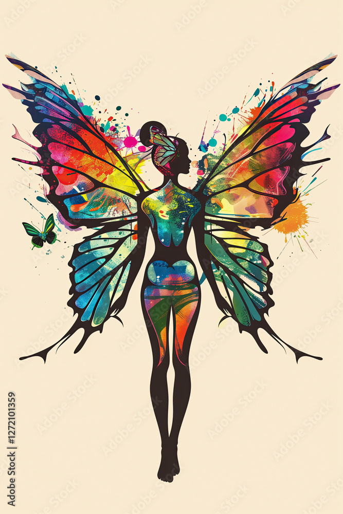 Obraz premium Colorful silhouette of a figure with butterfly wings in an artistic representation of transformation and freedom.