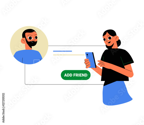 Woman Sending Friend Request In Flat Vector Illustration Symbolizing Online Social Connections, Networking, And Digital Communication, Isolated On White Background