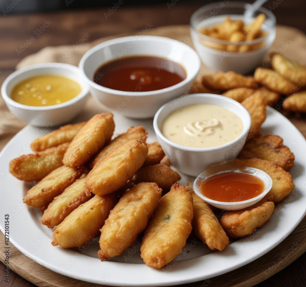 Crispy fried banana fritters on a plate with dipping sauce , food, crispy exterior Crispy fried banana fritters on a plate with dipping sauce , food, crispy exterior