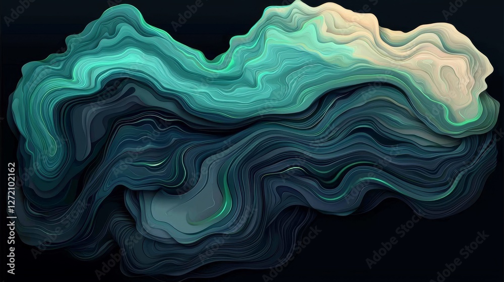 Obraz premium Abstract Multilayered Paper Art: Undulating Waves in Green and Blue Hues
