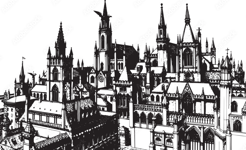 Fototapeta premium City landscape. Different buildings on street, outline cityscape hand sketch, flat houses. Hand drawn vector illustration