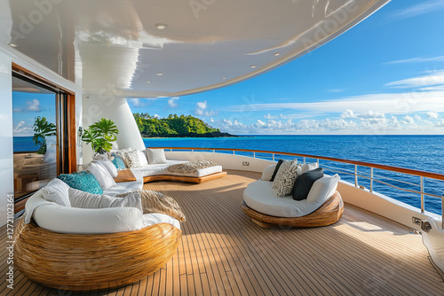 Relax on the spacious aft deck adorned with elegant furnishings and enjoy panoramic ocean views in a tropical paradise setting