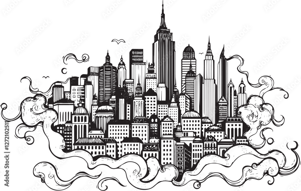 Obraz premium City landscape. Different buildings on street, outline cityscape hand sketch, flat houses. Hand drawn vector illustration