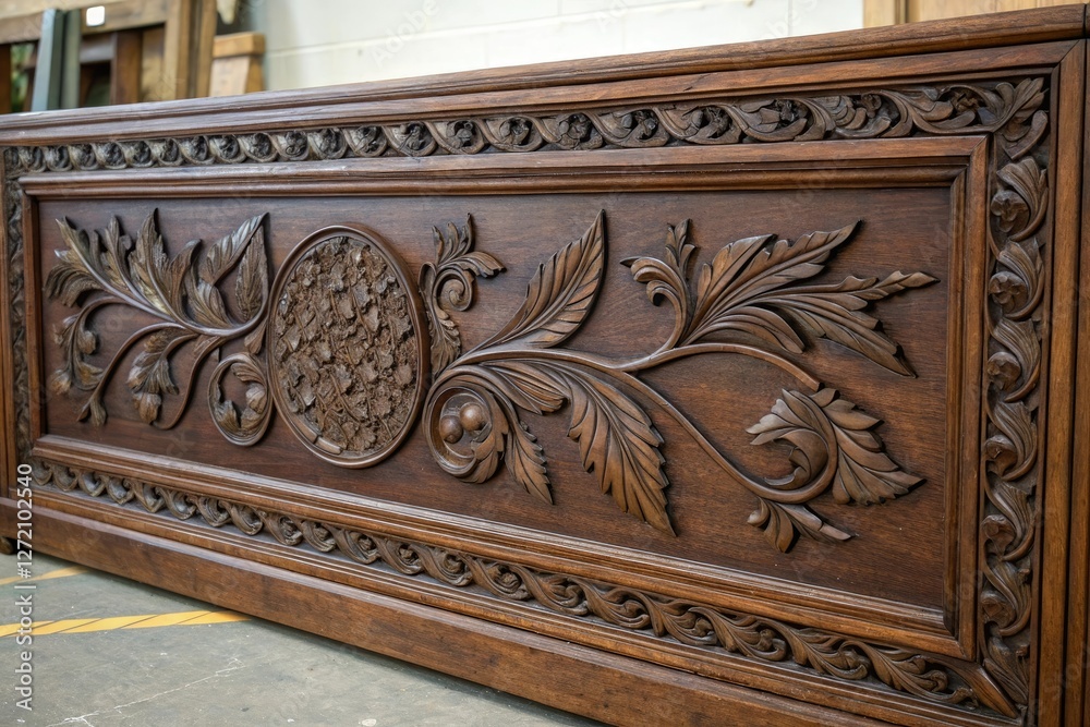 Dark wood panel with intricate carvings of leaves and vines, cozy atmosphere, texture, foliage Dark wood panel with intricate carvings of leaves and vines, cozy atmosphere, texture, foliage