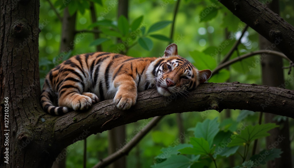 Obraz premium Baby tiger sleeping peacefully on tree branch in dense forest, tranquility