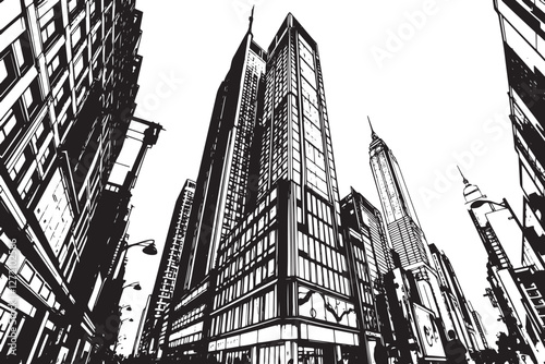 City landscape. Different buildings on street, outline cityscape hand sketch, flat houses. Hand drawn vector illustration