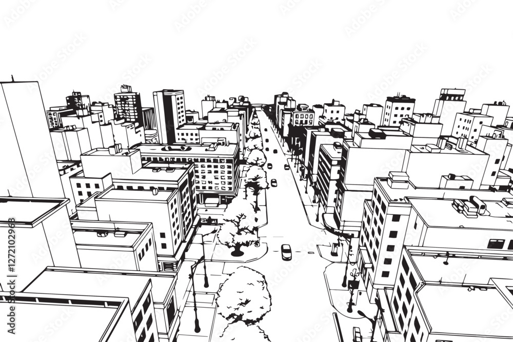Obraz premium City landscape. Different buildings on street, outline cityscape hand sketch, flat houses. Hand drawn vector illustration