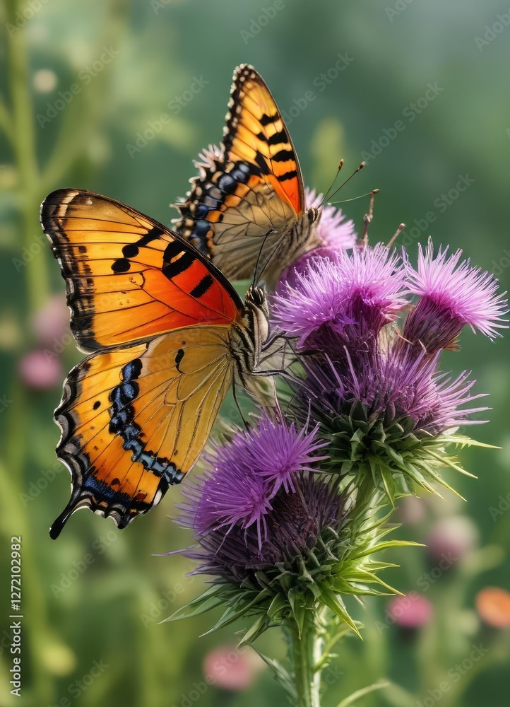 Obraz premium Delicate butterfly perches on the prickly thistle flower head, garden, nature