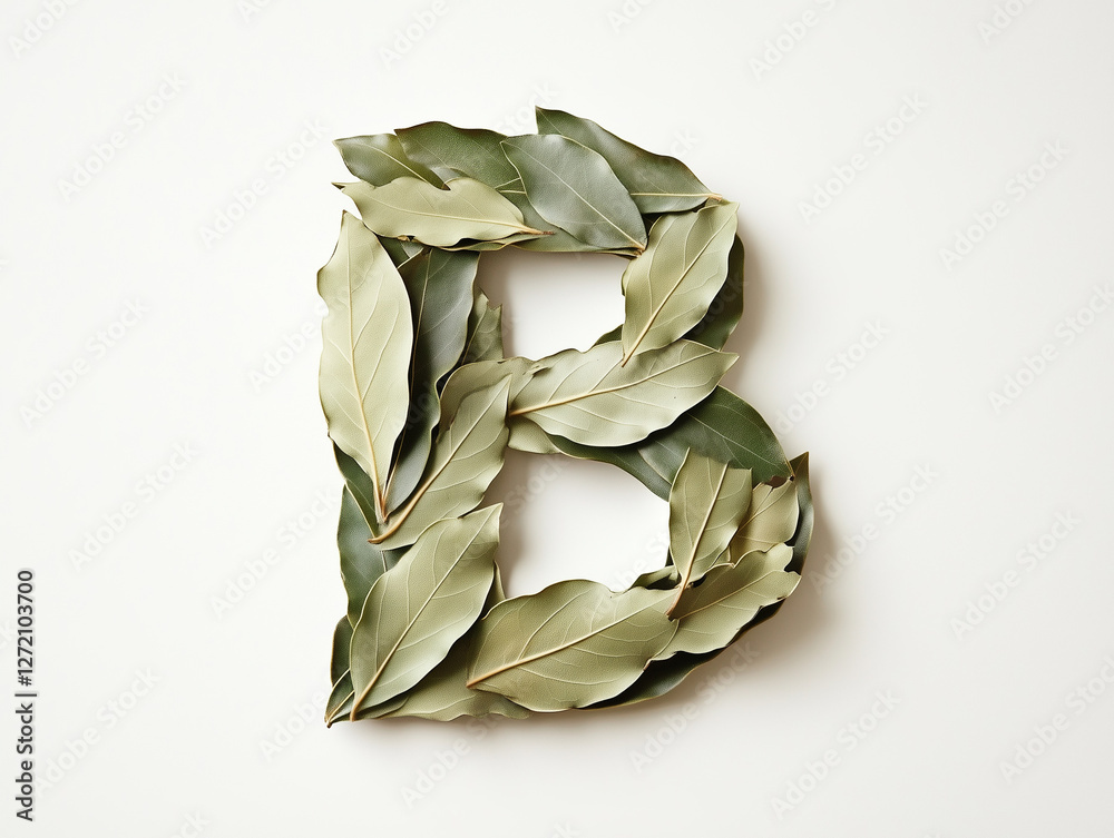 custom made wallpaper toronto digitala letter B made of dried bay leaves, top view. Minimalistic design on a plain white background