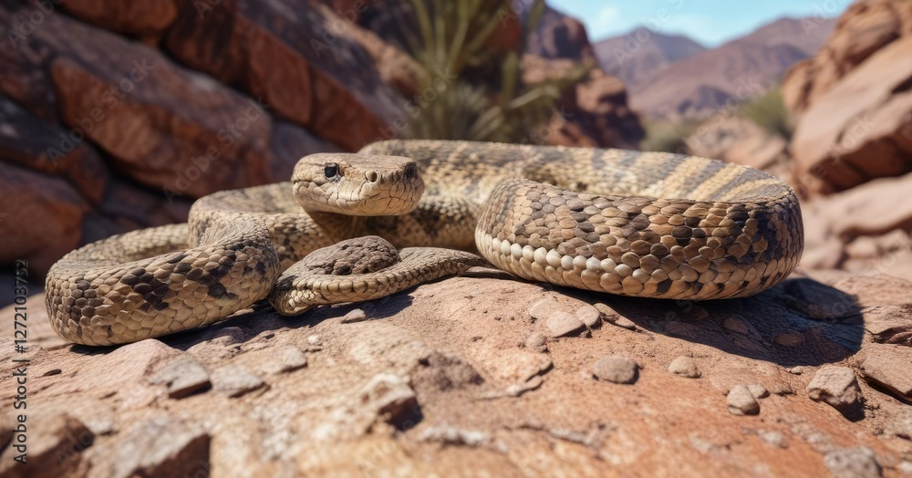 Desert rattlesnake on rocky terrain with mottled bark , wildlife, desert landscape, southwestern Desert rattlesnake on rocky terrain with mottled bark , wildlife, desert landscape, southwestern