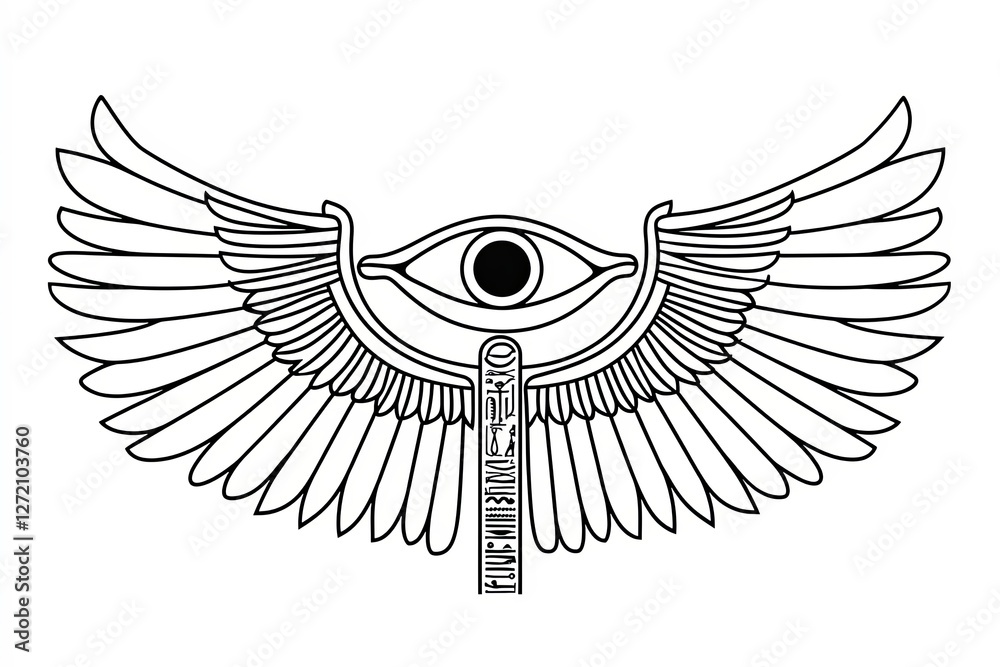 Fototapeta premium Ancient Egypt vintage art hipster line art Illustration with eye of horus with Sacred scarab wings wall art design in outline simple minimal design.
