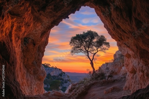 Stunning Sunset View Through Cave Opening with Tree Silhouette