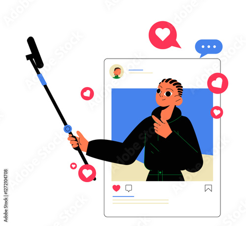 Male Influencer Taking Selfie With Smartphone and Social Media Engagement Icons Flat Vector Illustration Of Online Fame, Content Creation, and Digital Influence, Isolated on White Background
