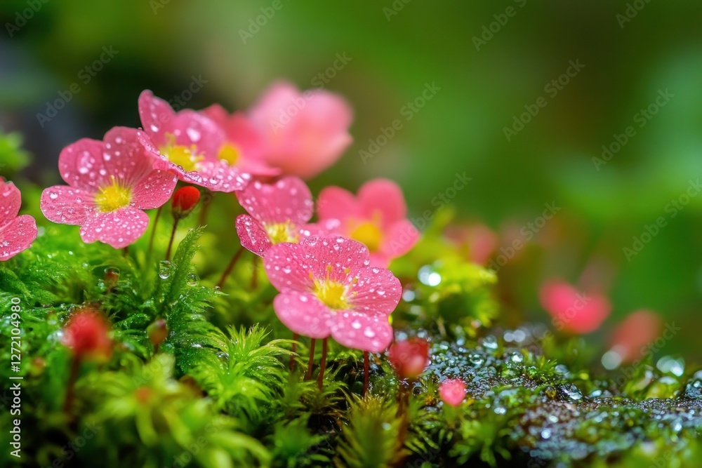 Delicate Pink Flowers with Dew on Green Moss in Tranquil Nature Scene Delicate Pink Flowers with Dew on Green Moss in Tranquil Nature Scene
