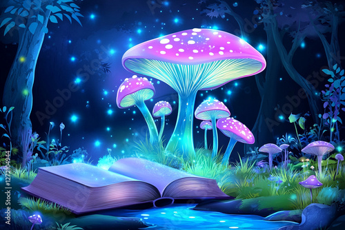 An open book reveals a vibrant, enchanting world filled with luminescent mushrooms, glowing plants, and twinkling lights in the dark forest photo