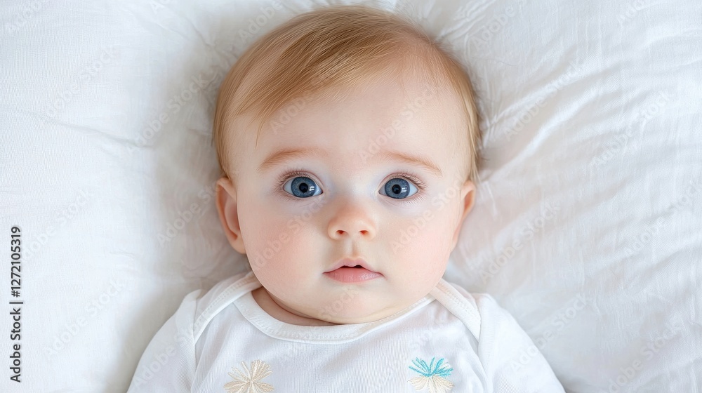 Baby girl lying on white pillow, looking directly at camera, soft focus Baby girl lying on white pillow, looking directly at camera, soft focus