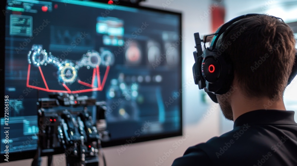 It specialist wearing headphones is working on cyber security using computer and camera in modern office, protecting sensitive data and preventing cyber threats It specialist wearing headphones is working on cyber security using computer and camera in modern office, protecting sensitive data and preventing cyber threats