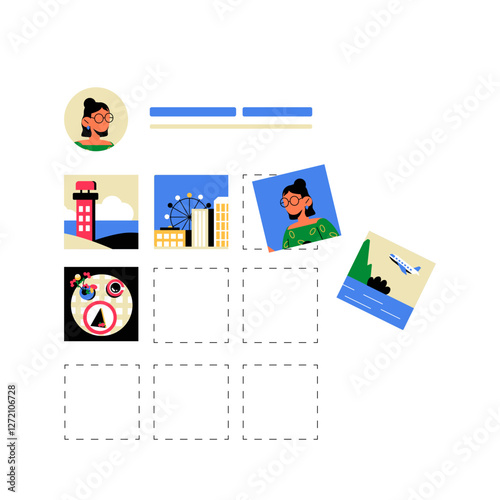 Social Media Profile Layout With Image Grid In Flat Vector Illustration Symbolizing Digital Presence, Content Creation, And Online Engagement, Isolated On White Background