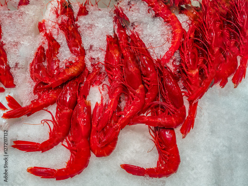 Local food market with fresh carabinero shrips, Murci, Spain photo