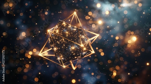 A glowing tesseract is suspended in a vast dark space filled with stars illustrating its complex geometric shape and multidimensional attributes