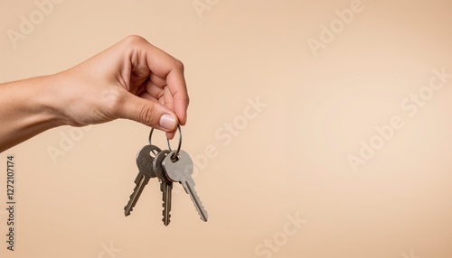 woman’s hand holding a keyring with three silver house keys on a neutral beige background, concept of real estate, home ownership, and security