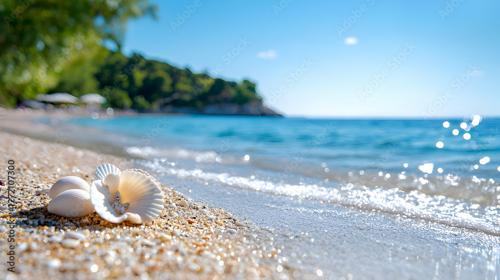 Peaceful Coastal Landscape with Soft Waves and Shells Peaceful Coastal Landscape with Soft Waves and Shells
