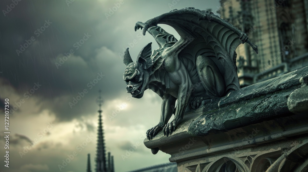 Fototapeta premium A stone gargoyle adorned with intricate carvings and a fierce expression rests on the edge of a Gothic cathedral. Dark clouds loom overhead enhancing the eerie ambiance of this ancient structure