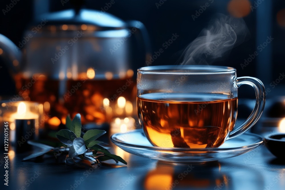 Ethereal glow of a premium glass tea cup on a minimalist surface at dusk. Generative AI Ethereal glow of a premium glass tea cup on a minimalist surface at dusk. Generative AI