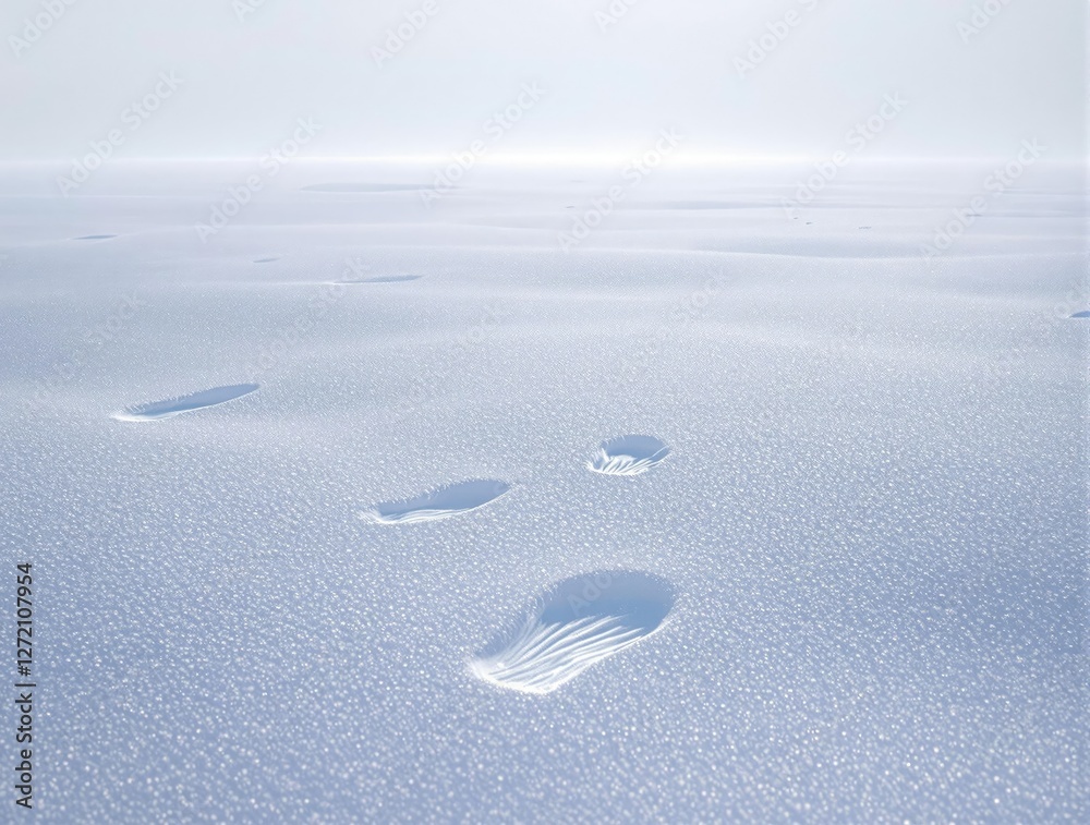 Footprints of a deer in the frosty morning snow, whiteout scene, animal silhouettes, deer tracks
