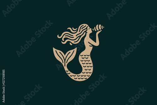 Vintage mermaid logo blowing a conch shell in elegant design