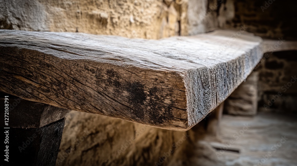 Rustic wooden shelf, stone wall backdrop, interior, detail Rustic wooden shelf, stone wall backdrop, interior, detail