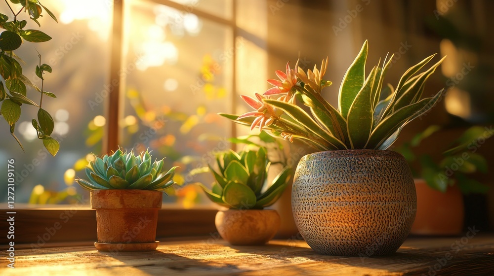Sunlit windowsill with potted plants