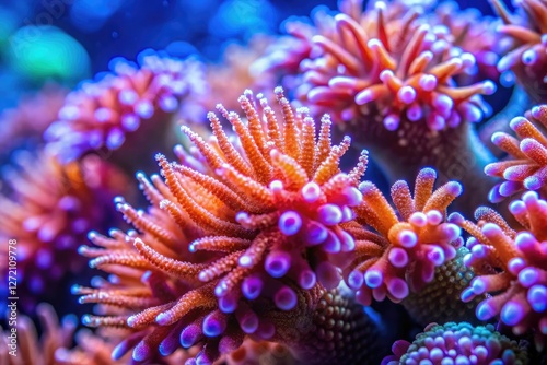 Close-up shot of vibrant coral polyps nestled in a coral branch, marine biology, coral growth photo