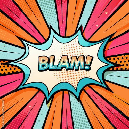 Colorful comic book speech bubble with "blam" text for creative pop art designs, socail media posts and poster