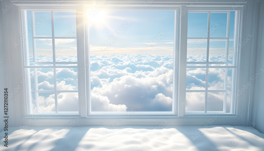 Serene sky view through window with radiant clouds and sunlight Serene sky view through window with radiant clouds and sunlight