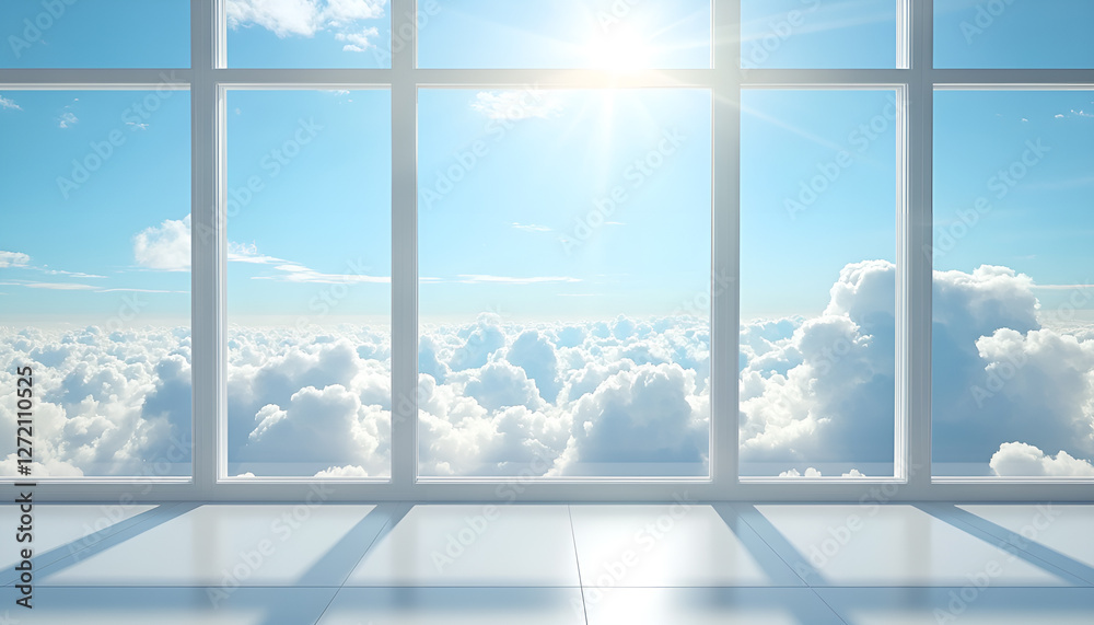 Serene sky view through window with radiant clouds and sunlight Serene sky view through window with radiant clouds and sunlight