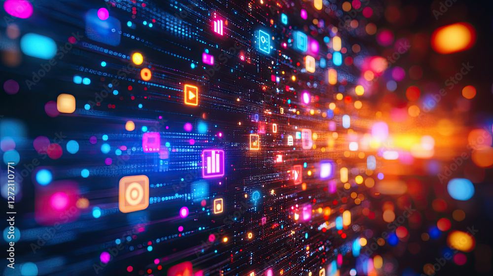 Fototapeta premium Digital landscape with colorful icons and data streams