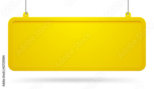 Long horizontal yellow hanging sign board with embossed frame and rounded corners isolated on white. Vector illustration in 3d style