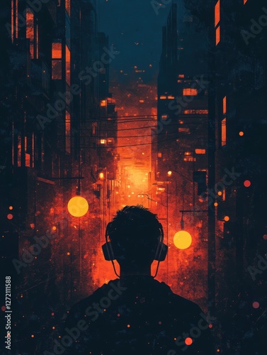 Music night background with silhouette of a person wearing headphones, illuminated by vibrant neon lights. Ideal for DJ events, party promotions, streaming visuals, music branding, and entertainment