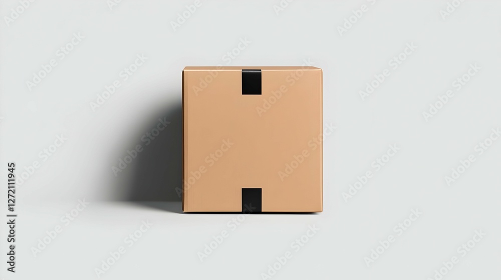 Fototapeta premium Closed Cardboard Box with Black Tape on White Background