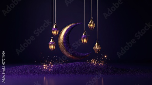 ramadan decorative glowing lanterns with purple crescent moon background