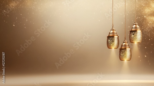 golden arabic lanterns with sparkling starry background for ramdan greeting photo