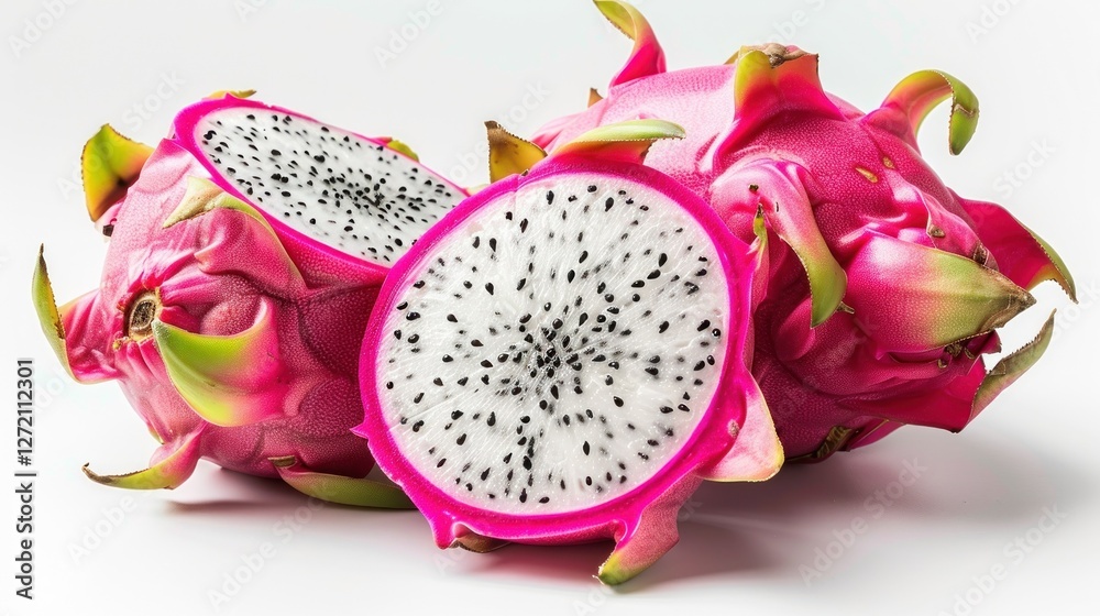 A whole dragon fruit is paired with a halved one revealing its bright pink skin and juicy white flesh filled with tiny black seeds creating a refreshing visual against a white background A whole dragon fruit is paired with a halved one revealing its bright pink skin and juicy white flesh filled with tiny black seeds creating a refreshing visual against a white background