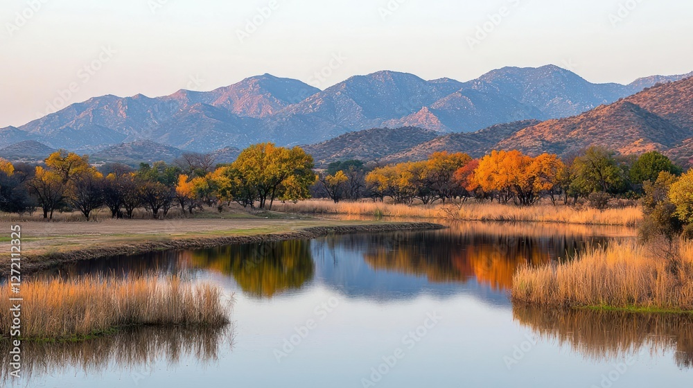 Autumn Landscape with Golden Trees Reflected in Calm Lake and Mountain Background