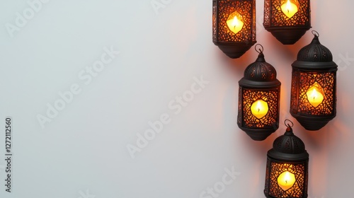arabic ramadan lanterns with glowing candles on white background