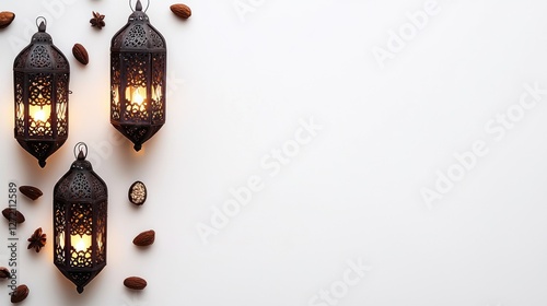 ramadan decorative lanterns with almonds and star anise on white background, with copy space for text