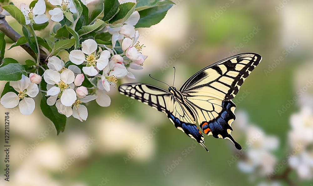 Obraz premium cute little swallowtail butterfly flies among the white flowers of the apple tree in the spring sunny gardenv