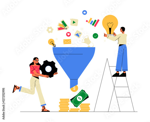 Marketing Funnel With Two Characters Optimizing Conversions Symbolizing Digital Advertising And Sales, Flat Vector, Isolated